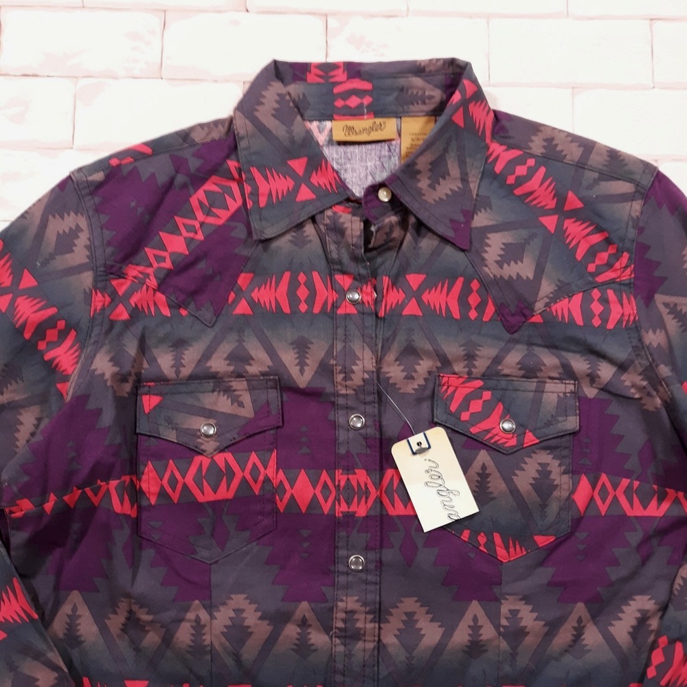 Wrangler Western Shirt Womens Small Pearl Snaps Purple Aztec Southwestern NEW